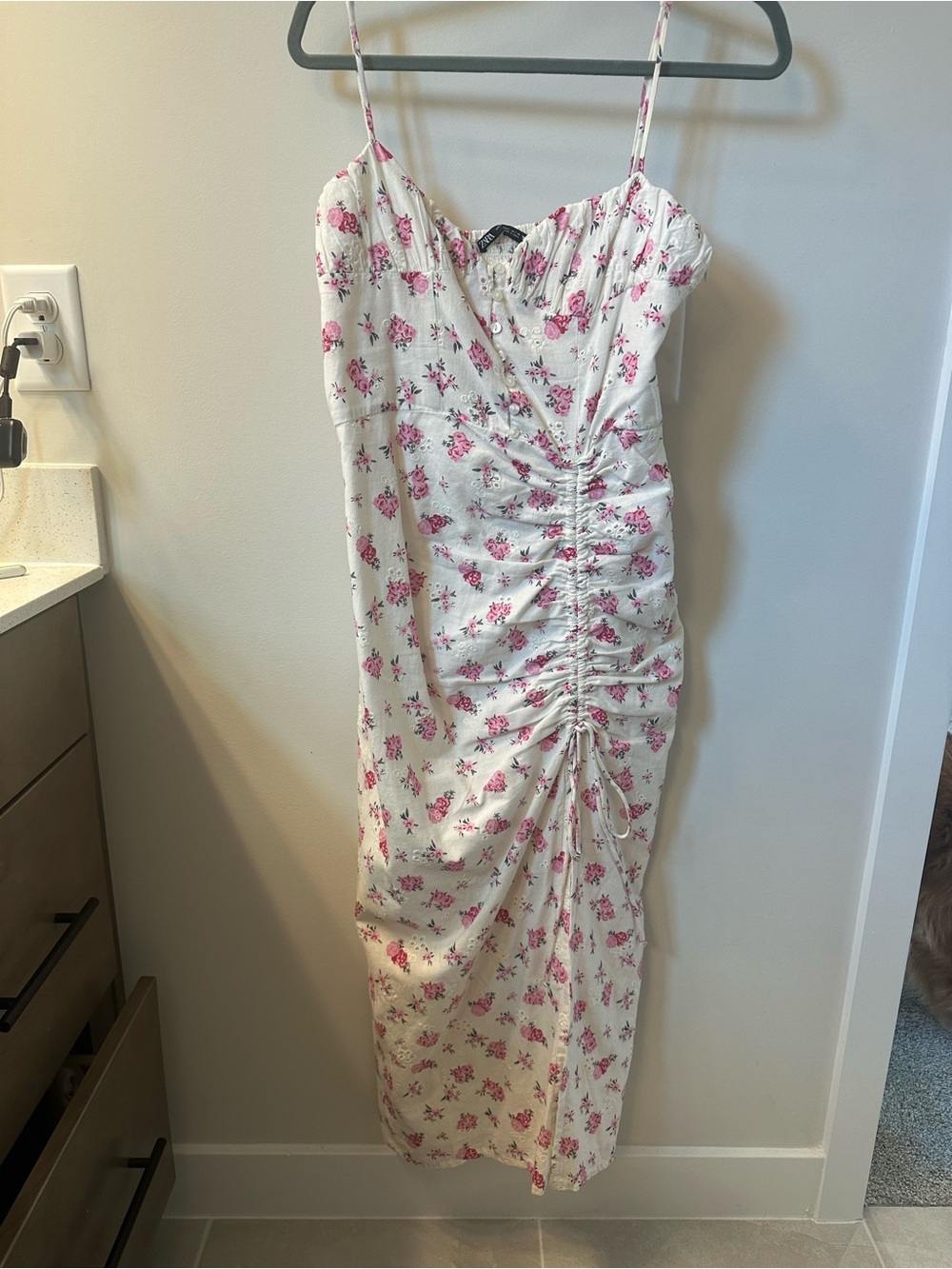 Zara White Midi Dress with Pink Floral Print